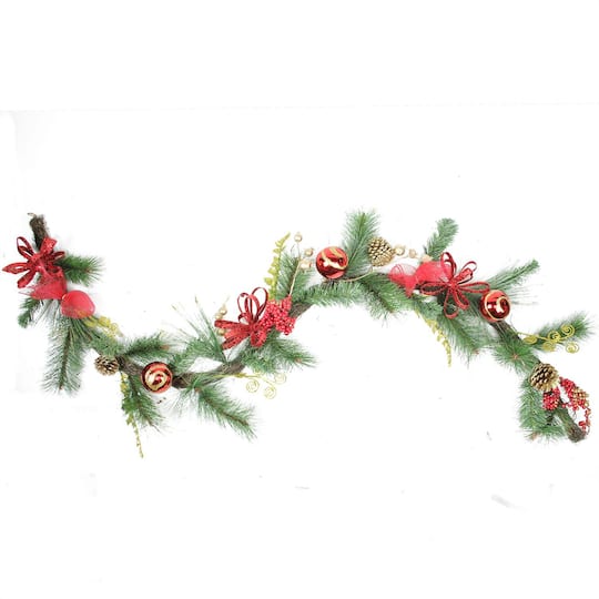 Red Ball Ornaments Grapevine &#x26; Pine Artificial Garland, Unlit